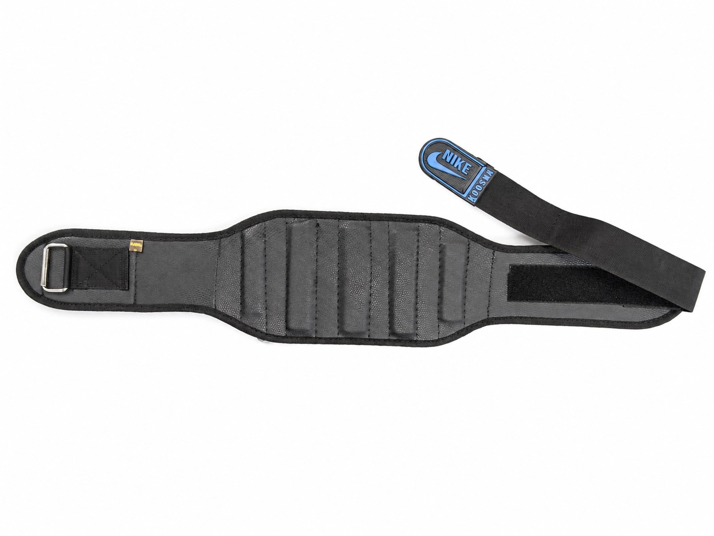 Black capsule-style Velcro weightlifting belt with padded back and metal buckle.