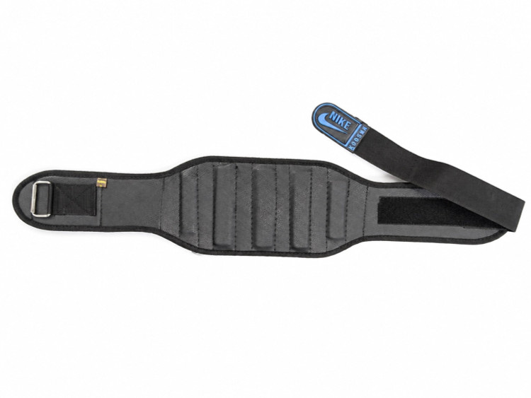 Black capsule-style Velcro weightlifting belt with padded back and metal buckle.