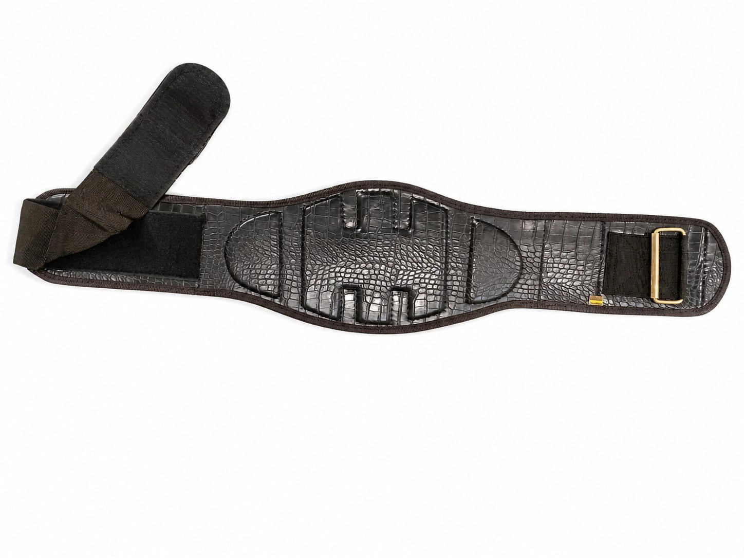 Black Olympic weightlifting belt with padded center, Velcro closure, textured surface and metal buckle.