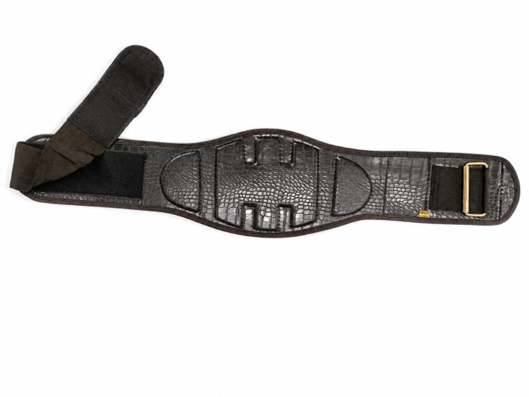 Black Olympic weightlifting belt with padded center, Velcro closure, textured surface and metal buckle.