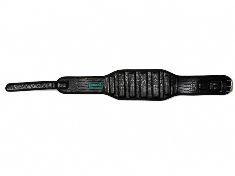 Black capsule bodybuilding belt with metal buckle, wide center design, textured surface and adjustable holes.