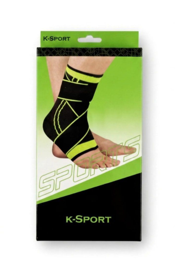 قوزک بند چسبی پا تکی K-Sport با طراحی مشکی و سبز، ساختار کشی و بند چسبی قابل تنظیم.